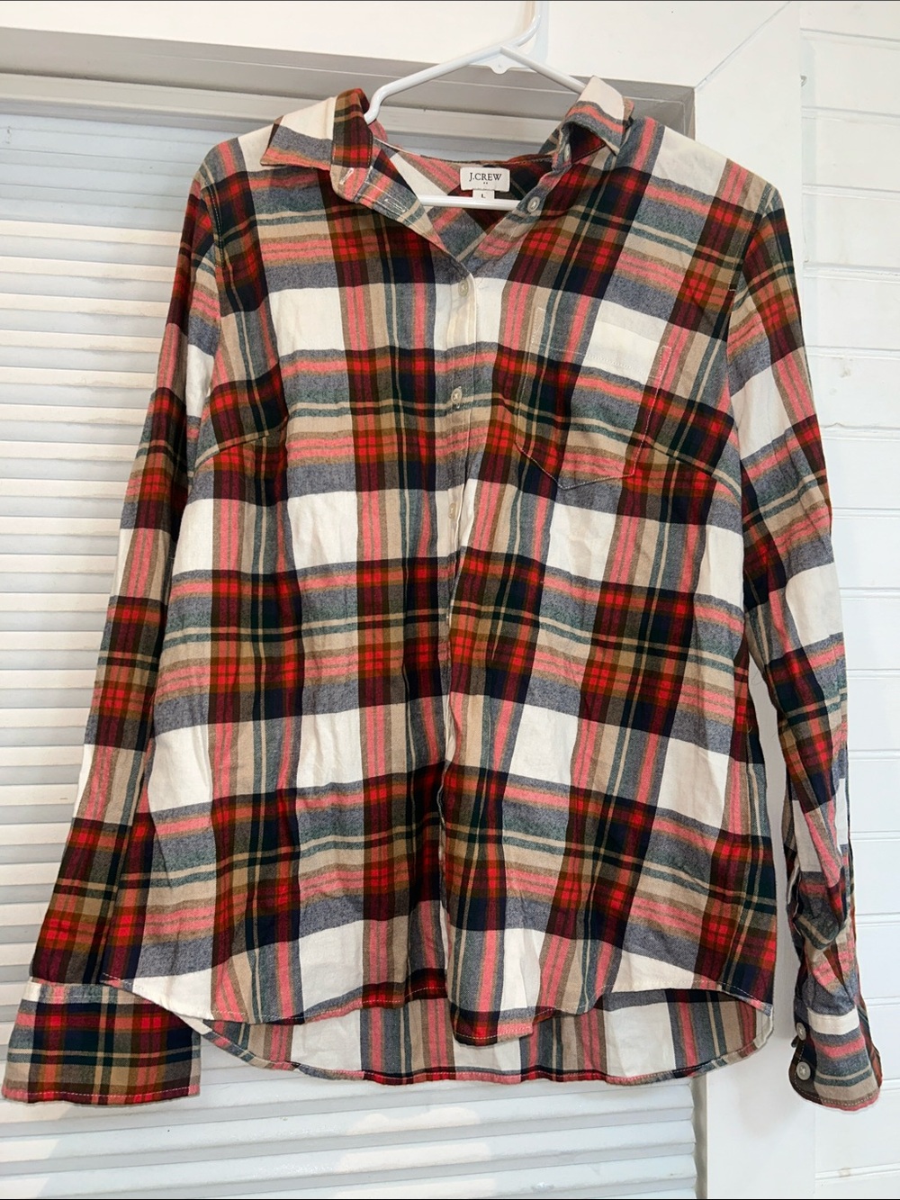 J.Crew Plaid Button-Up Flannel Shirt | L | Women’s | Red/Cream/Navy/Tan/Green